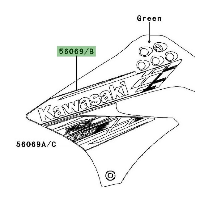Autocollant "Kawasaki" écope latérale Kawasaki KLX 125 (2013) | Réf. 560692133 - 560692135