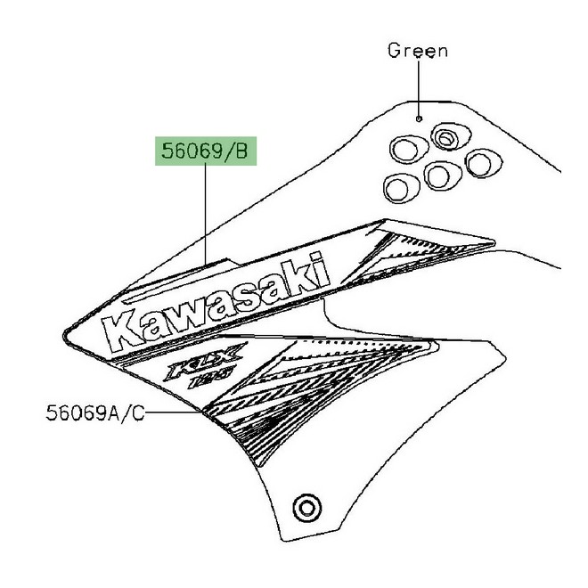 Autocollant "Kawasaki" écope latérale Kawasaki KLX 125 (2014) | Réf. 560694076 - 560694078