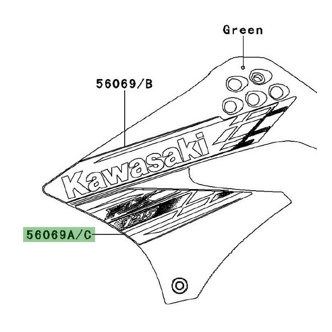 Autocollant inférieur écope latérale Kawasaki KLX 125 (2013) | Réf. 560692134 - 560692136