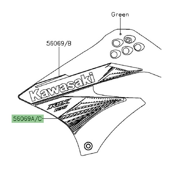 Autocollant inférieur écope latérale Kawasaki KLX 125 (2014) | Réf. 560694077 - 560694079