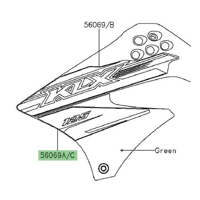 Autocollant inférieur écope latérale Kawasaki KLX 125 (2015) | Réf. 560697707 - 560697709