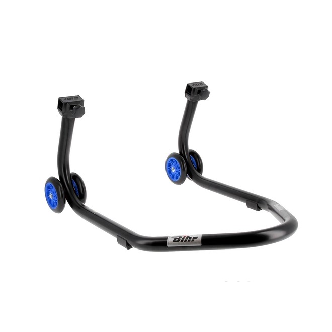 Béquille d'atelier BIHR Home Track noir mat + supports en "L" roues bleues | Réf. 3032110