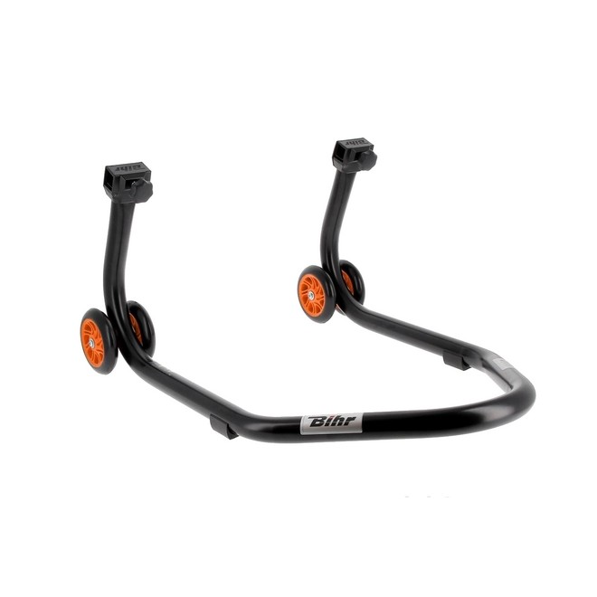 Béquille d'atelier BIHR Home Track noir mat + supports en "L" roues orange | Réf. 3032134