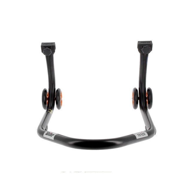 Béquille d'atelier BIHR Home Track noir mat + supports en "L" roues orange | Réf. 3032134