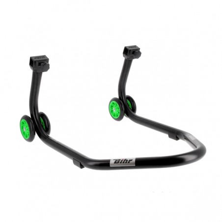 Béquille d'atelier BIHR Home Track noir mat + supports en "L" roues vertes | Réf. 3032101